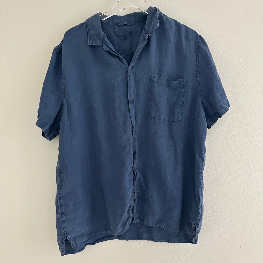 Lucky Brand Button Up Shirt Mens XL Blue 100% Linen Short Sleeve Pocket